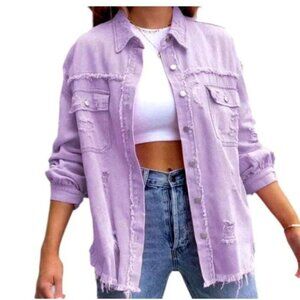 Jeans Ripped Raw Edge Oversized Denim Jacket, Distressed Collar Long Sleeves Y2K